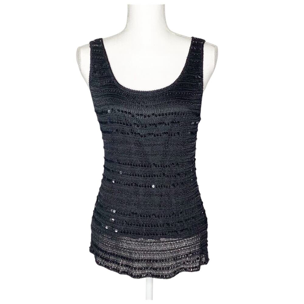 S.M. Collection Black Crochet Beaded Sequin Scoop Neck Tank Top Large
